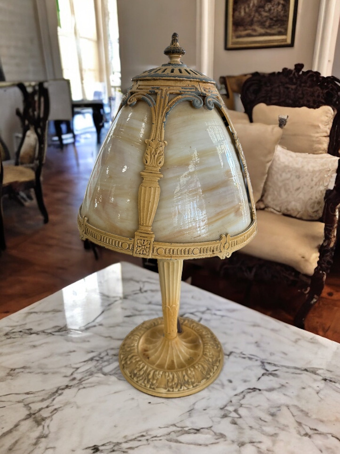 Early Century Oval Shade 4-panel Slag Glass Boudoir Lamp