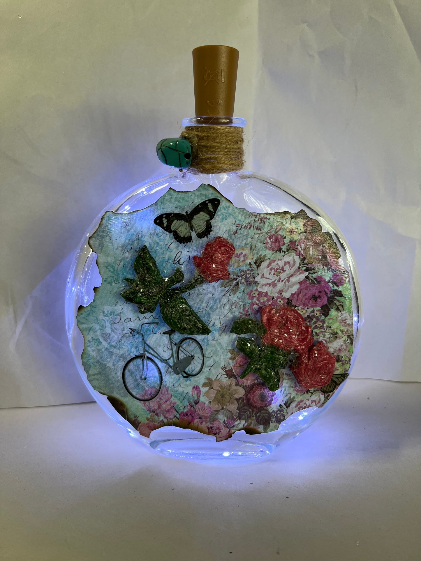 Embellished Glass Bottle - Roses, Butterfly & Bicycle