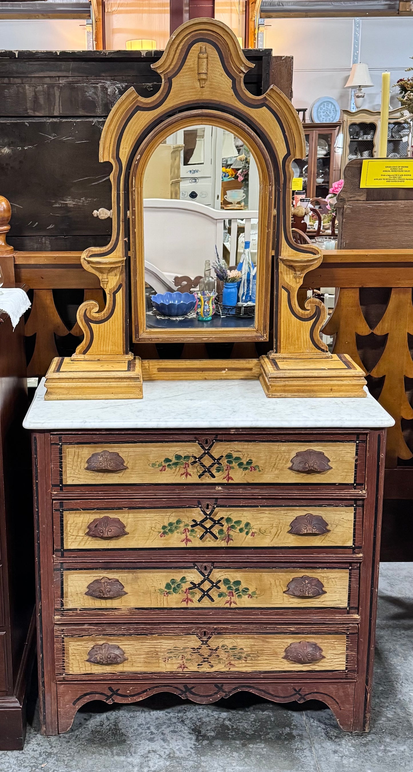 Vintage Cottage Style Painted Dresser with Marble Top & Mirror