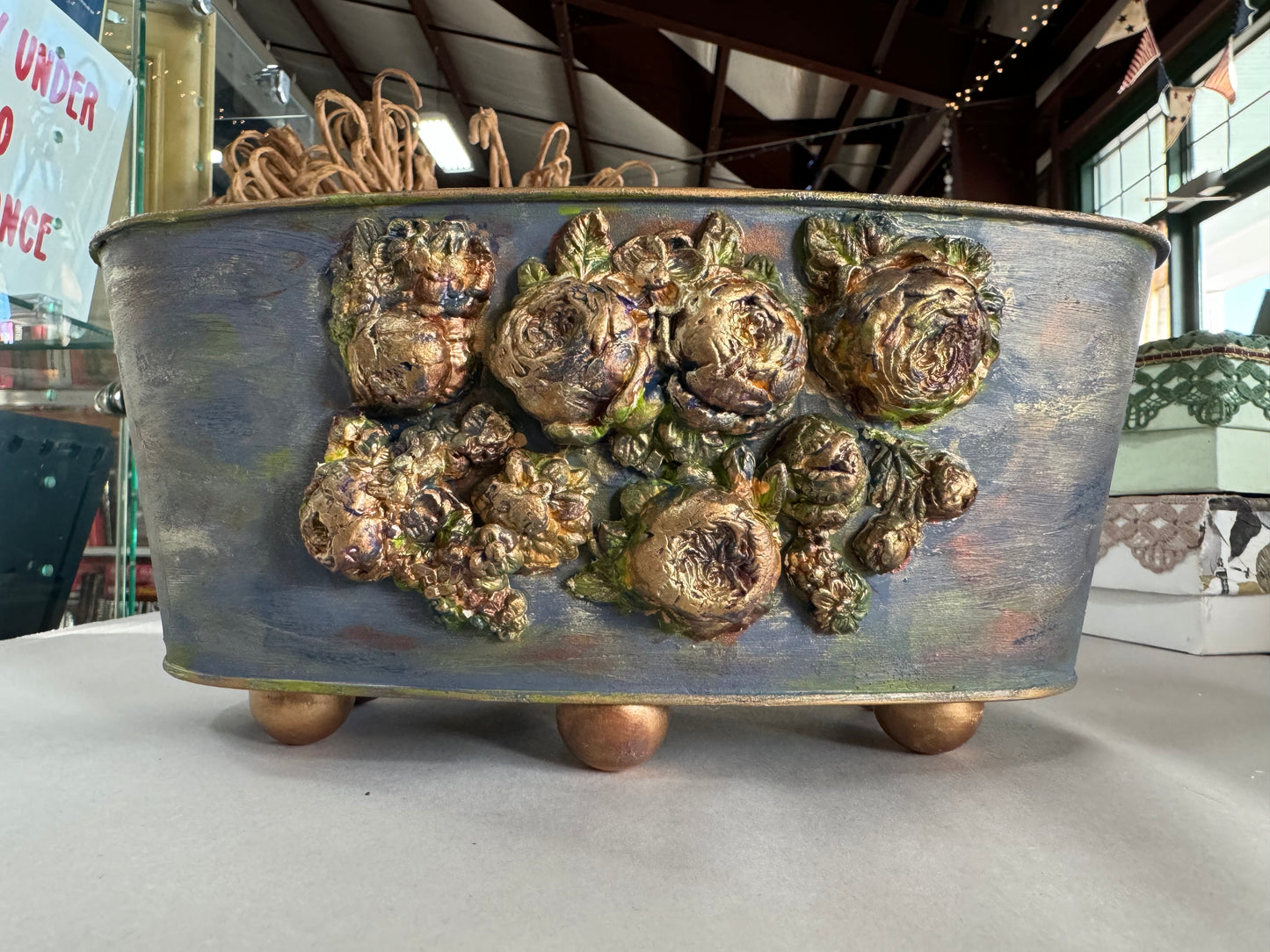 Old World Roses Footed Container by local artist, Glitter & Gold