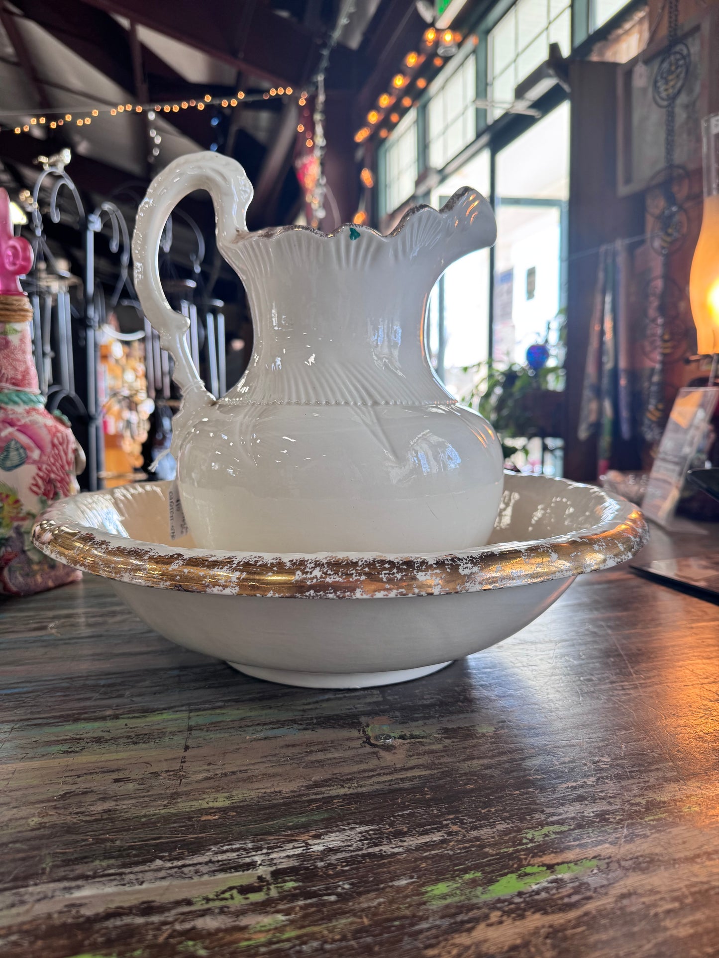 Vintage Ceramic Wash Basin and Pitcher Cream and Gold
