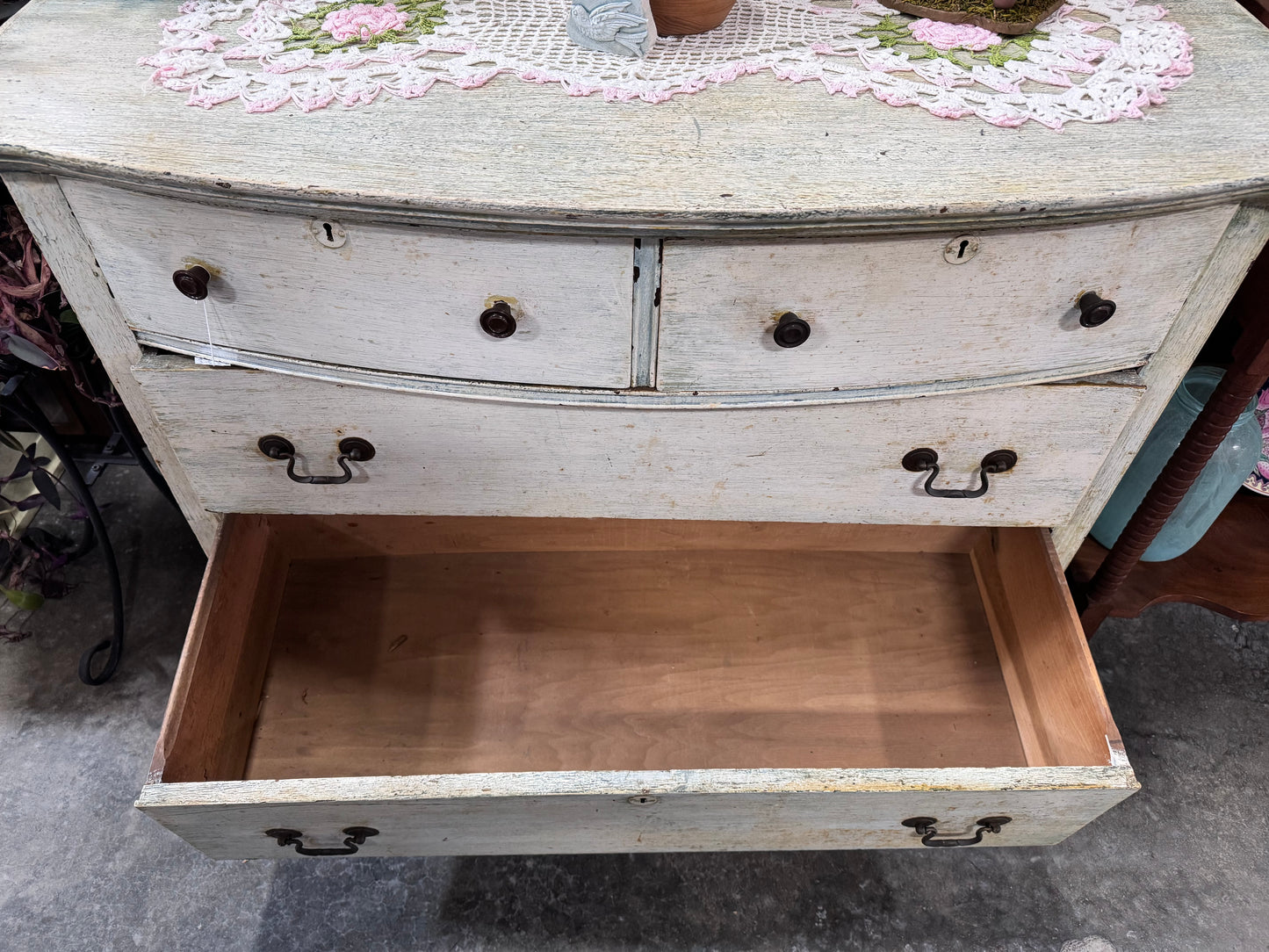 Antique White Bow Front Dresser and Mirror