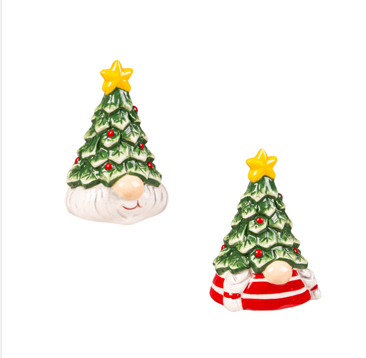 Ceramic Salt and Pepper Set, Christmas Tree Gnomes