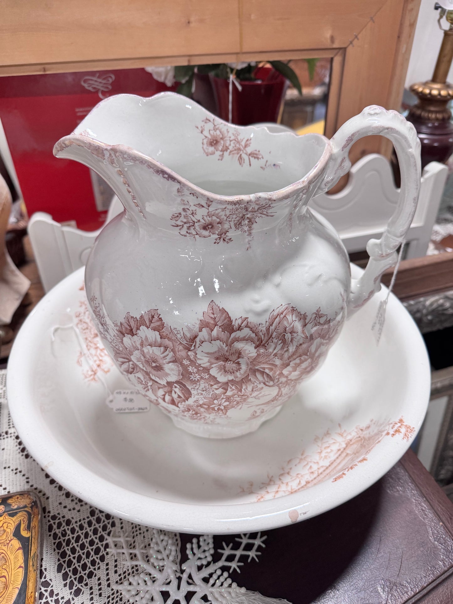 Antique Brown Transferware Floral Large Water Pitcher