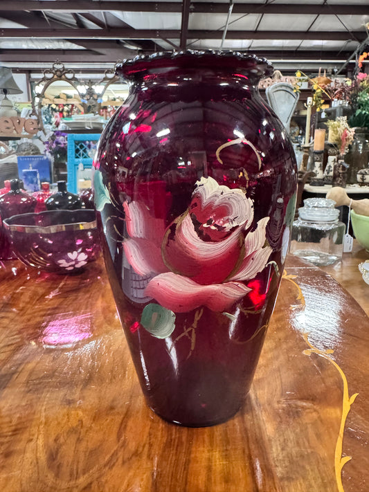 Vintage Hand Painted Red Glass Vase for lights or totem