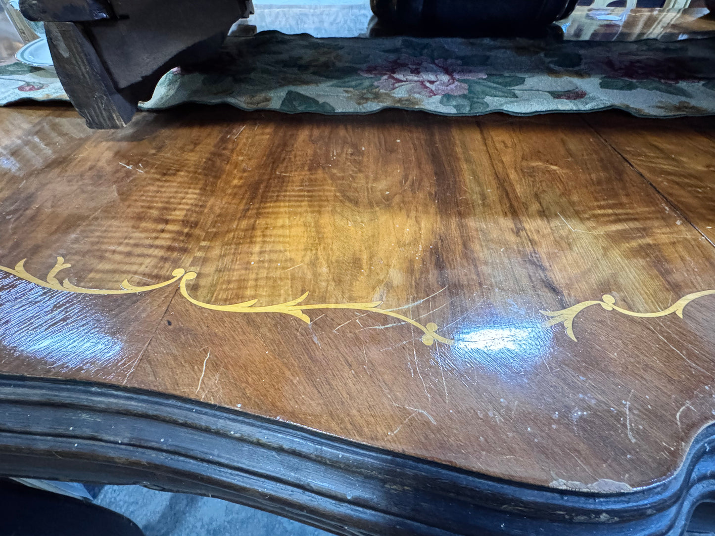 Carved and Inlaid French Rococco Style Dining Table with Leaf