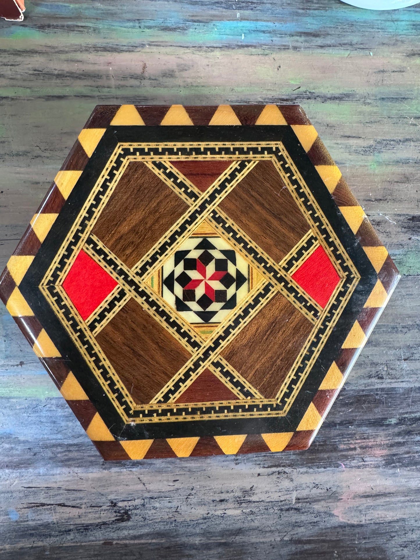 Vintage Marquetry Inlay Wood Trinket Box