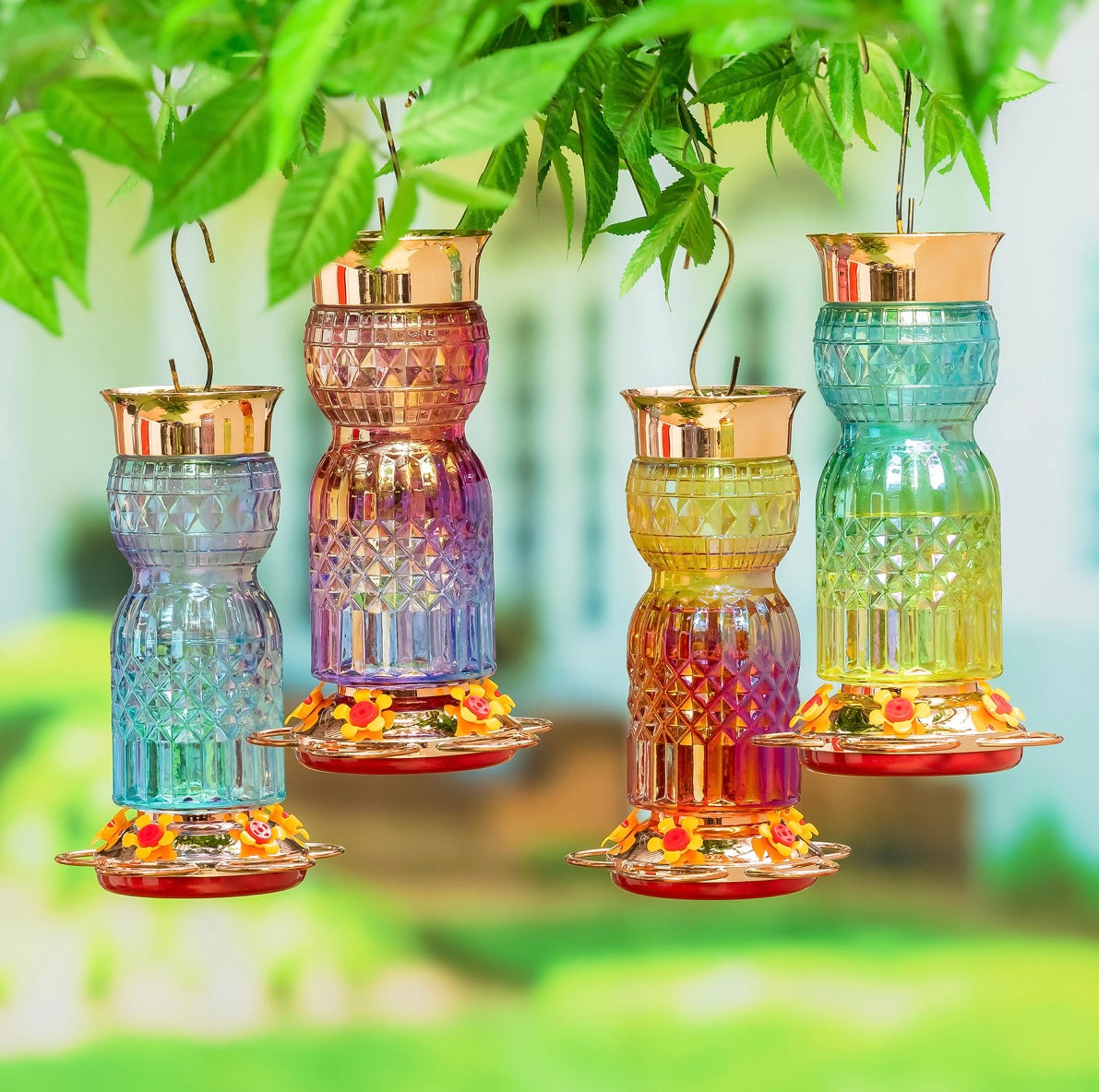 Iridescent Glass Hummingbird Feeders