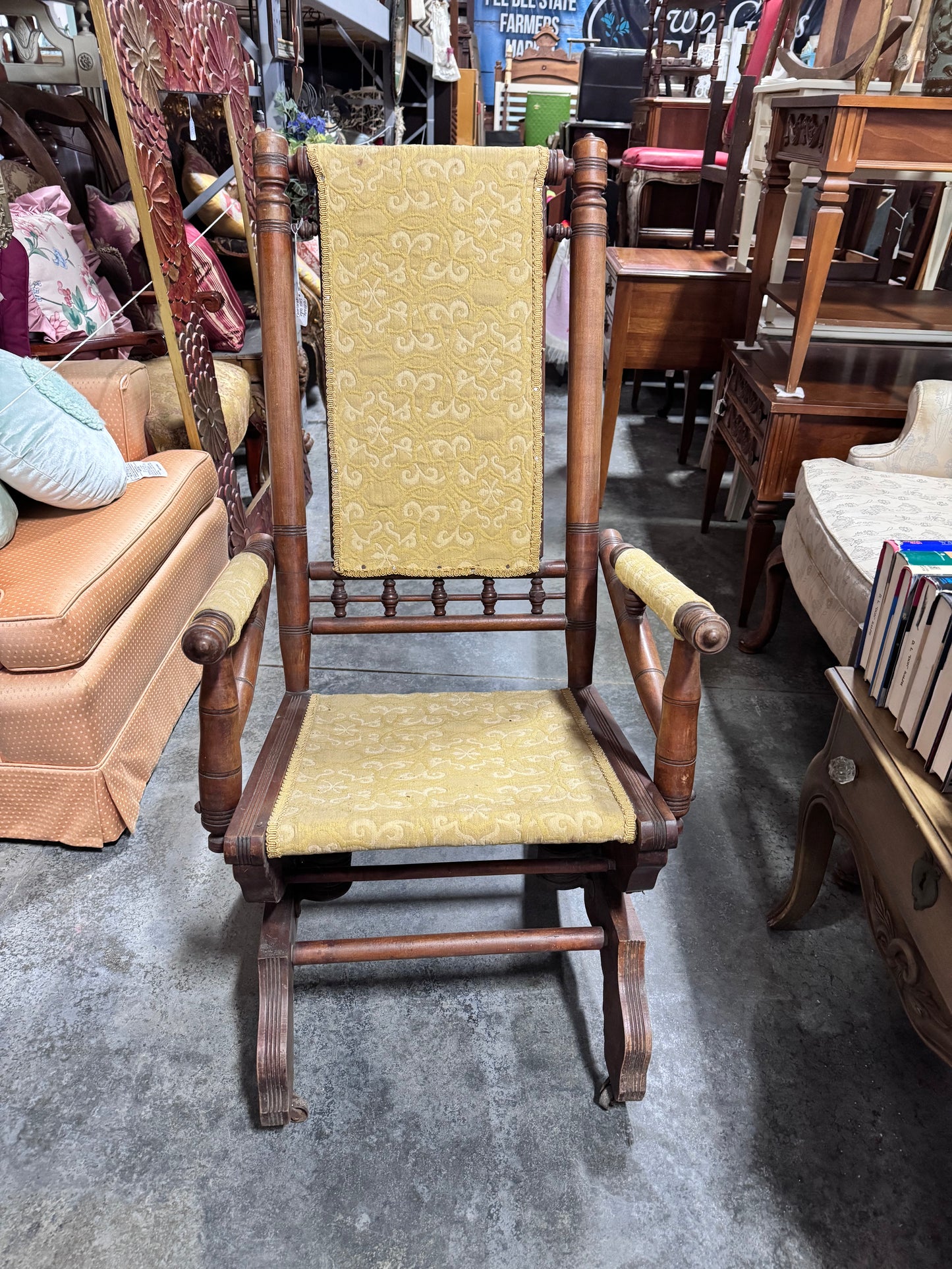 Vintage Upholstered Bobbin Spindle Platform Rocker