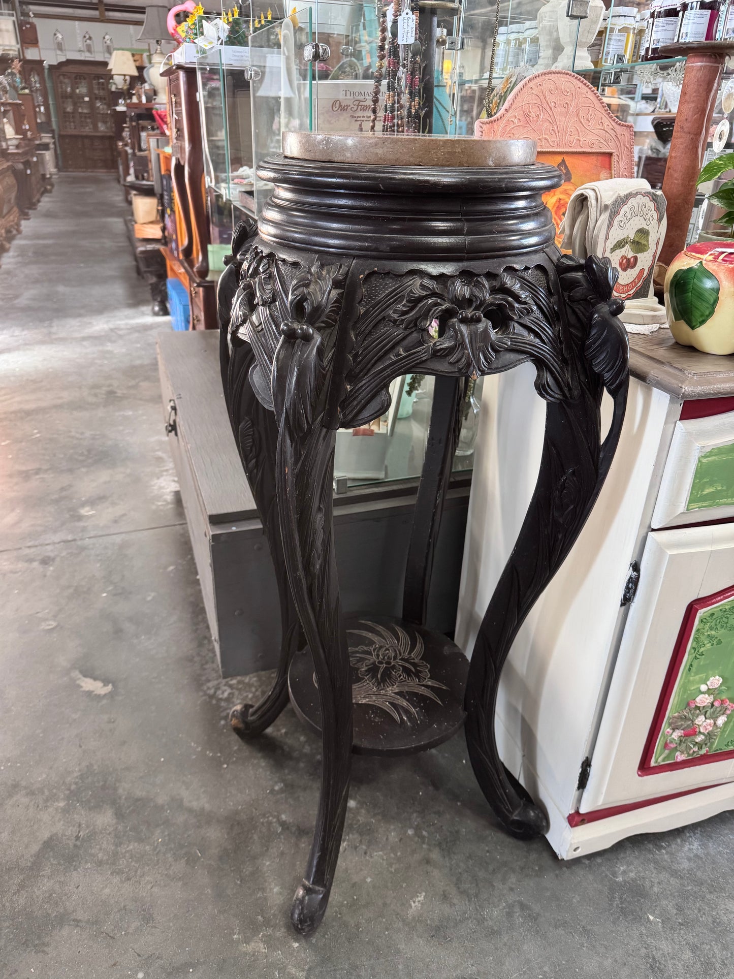 Antique Ebonized Carved Wooden Plant Stand