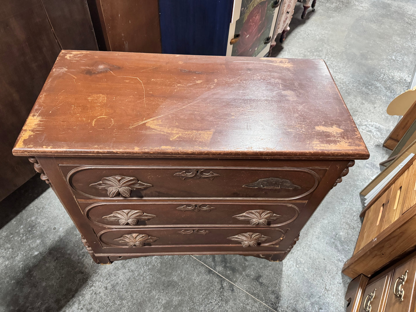 Antique Hand Carved 3 Drawer Dresser