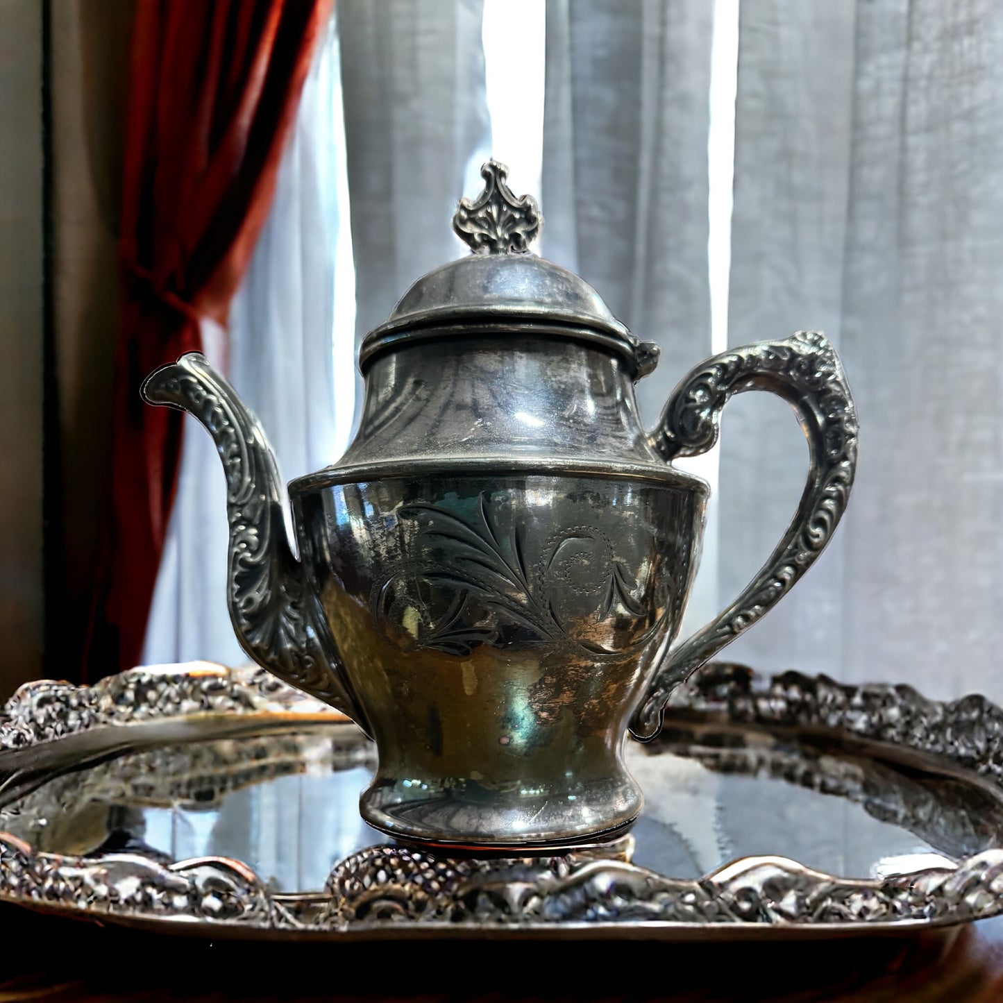Antique Quadruple Silver Plate Etched Tea Pot by Richfield Plate Co