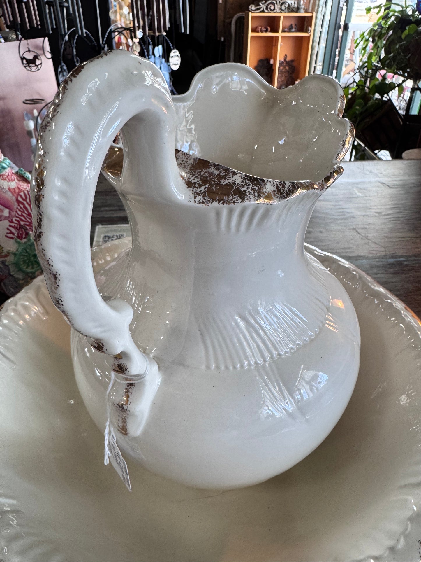 Vintage Ceramic Wash Basin and Pitcher Cream and Gold