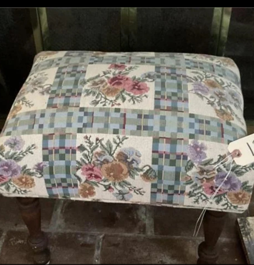 Mid Century Vintage Tapestry Covered Footstool