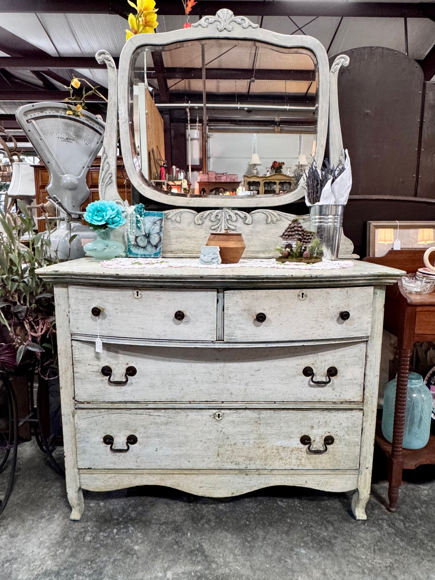 Antique White Bow Front Dresser and Mirror