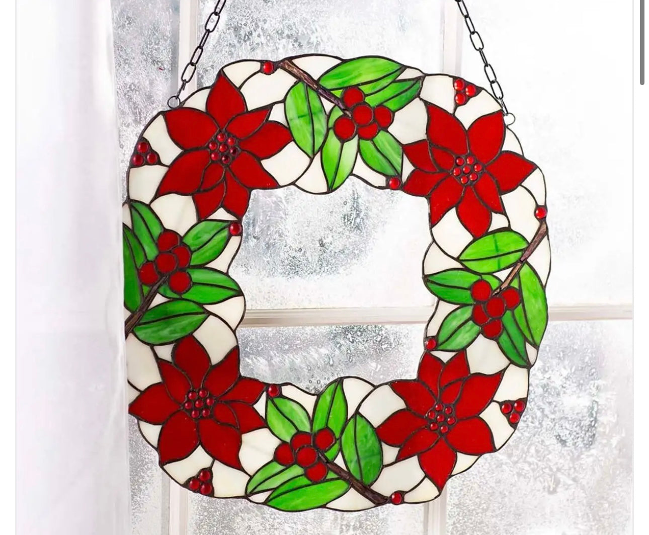 18" Diameter Stained Glass Poinsettia Holiday Wreath