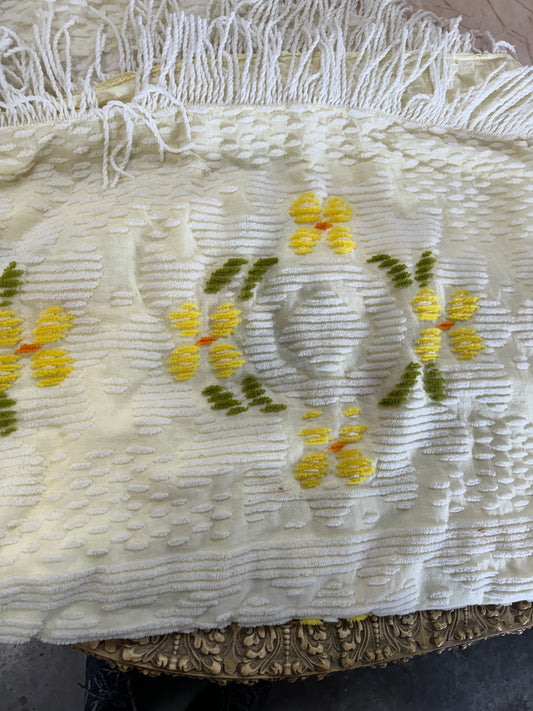 Vintage 1960’s Pale Yellow Chenille Bedspread - Bright Yellow Flowers -