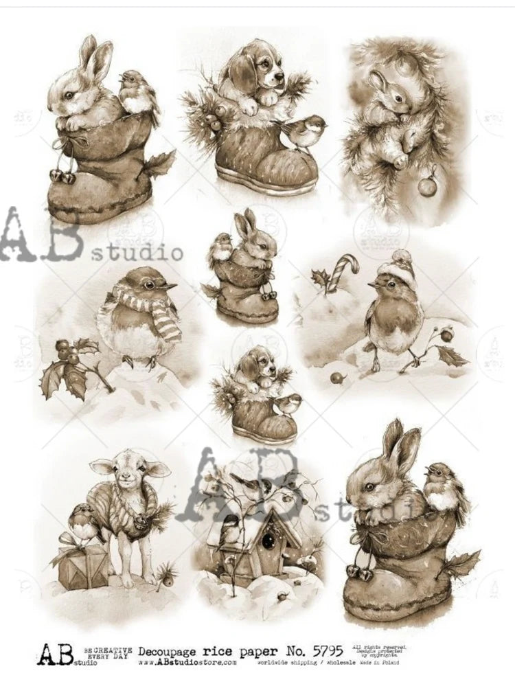 A4 AB5795 Little Holiday Images Sepia Decoupage Central Rice Paper Designs