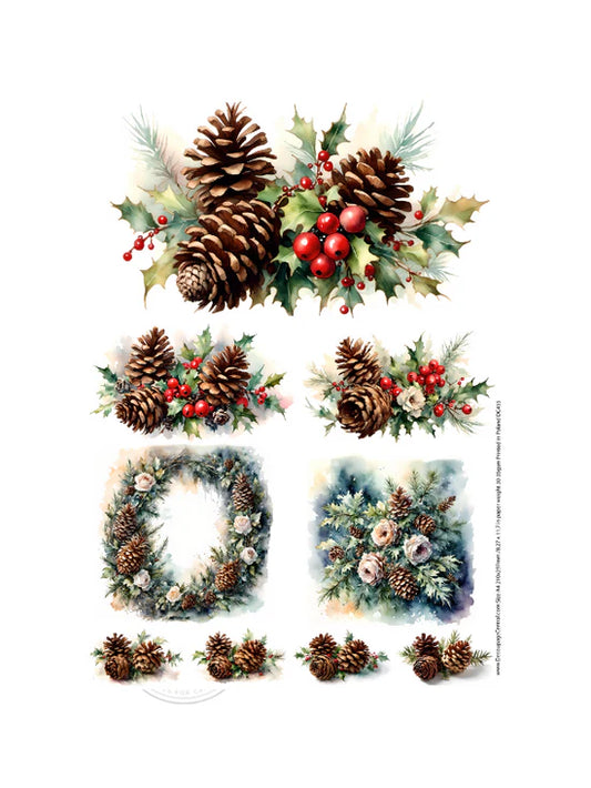 A4 DC455 Christmas Cones Multi-Image Decoupage Central Rice Paper designs