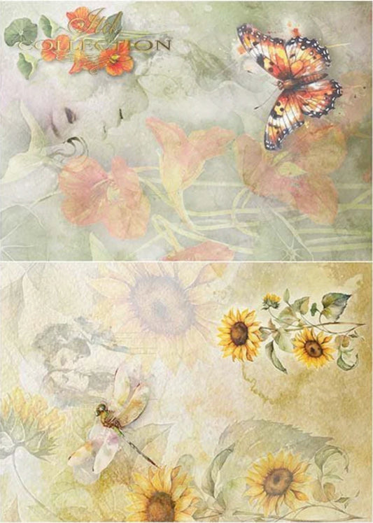 A4 R2255 Sunflowers and Poppies Decoupage Central Rice Paper Designs