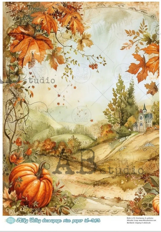 A4 ID363 Fall County Scene with Pumpkins Decoupage Central Rice Paper Designs