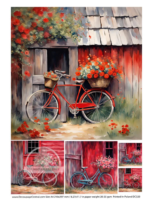 DC320 A4 Red Bicycle Decoupage Central Rice Paper Decoupage Designs