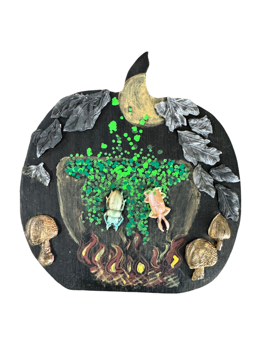 Sunflowers & Pumpkins Series Boiling Cauldron & Bugs Wooden Pumpkin