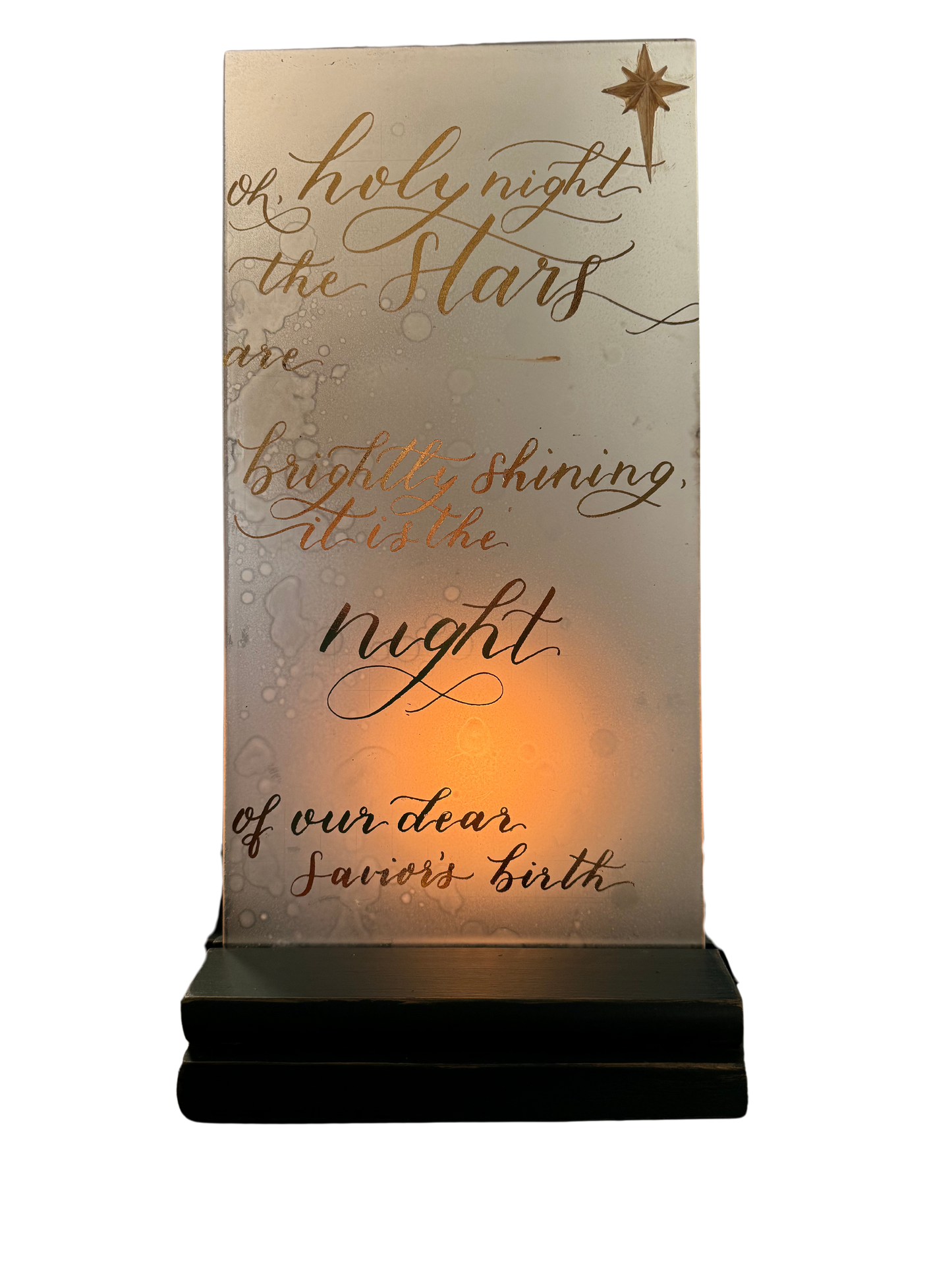 Frosted Glass Gilded Bible Verse on Lighted Wooden Base