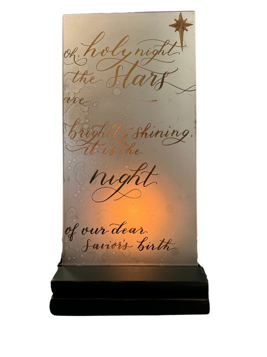 Frosted Glass Gilded Bible Verse on Lighted Wooden Base