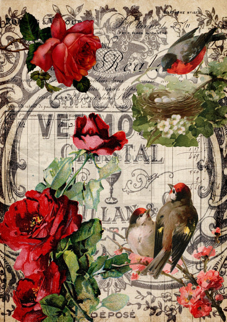 Decoupage Queen Red Roses and Birds Rice Paper Designs