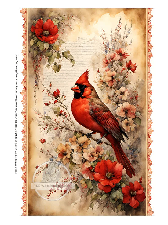 DC335 A4 Spring Cardinal Decoupage Central Rice Paper Decoupage Designs