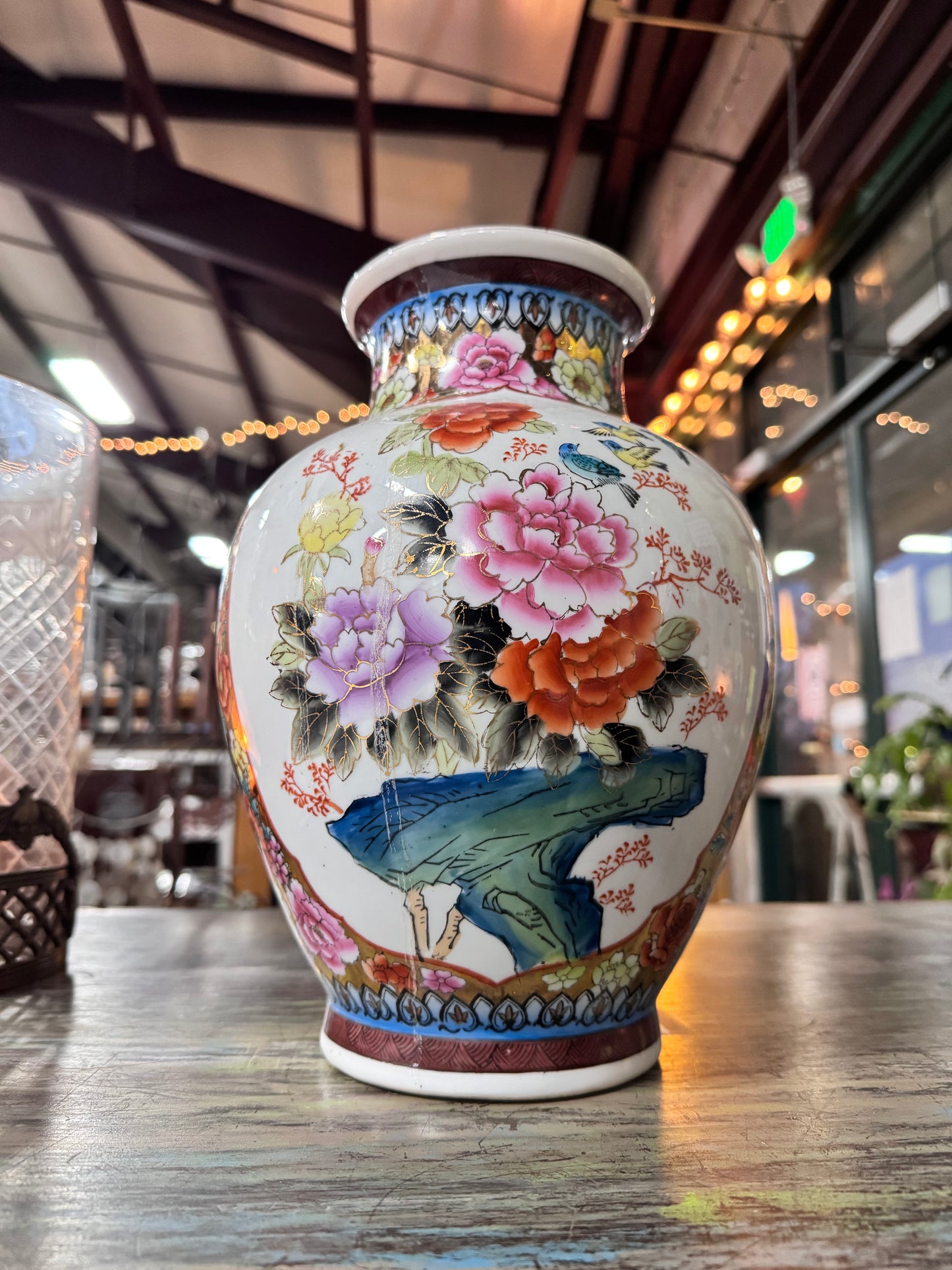 Vintage Chinese Porcelain Birds & Flowers Vase