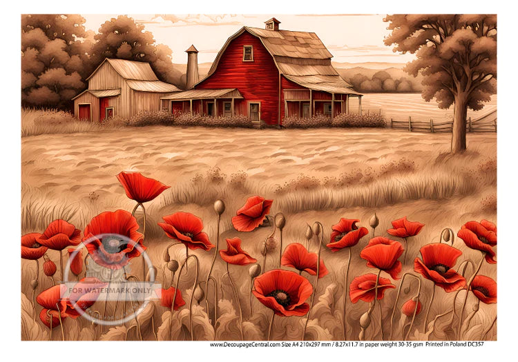 DC357 A4 Red Barn and Field of Poppies Rice Paper
