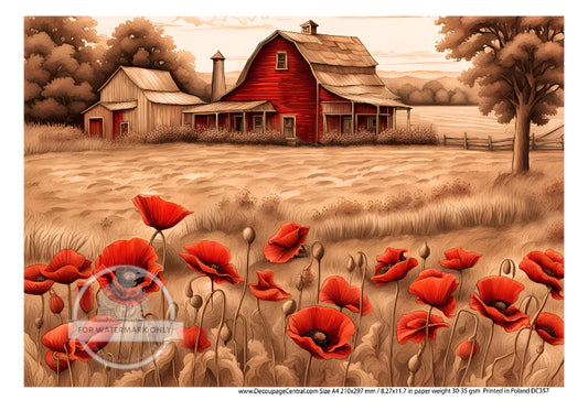 A4 Red Barn and Field of Poppies Rice Paper