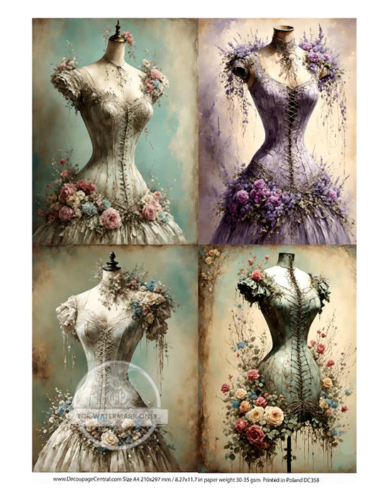 DC358 A4 Victorian Dress Form Quads Decoupage Central Rice Paper Decoupage Designs