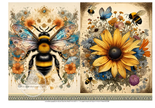 DC388 A4 Bee and Daisy Duo Decoupage Central Rice Paper Decoupage Designs