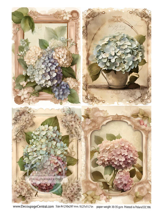 DC196 A4 Victorian Hydrangeas Decoupage Central Rice Paper Decoupage Designs