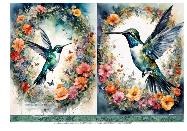 DC387 A4 Hummingbird in Wreath Decoupage Central Rice Paper Decoupage Designs