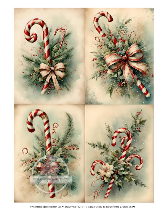 DC474 A4 Retro Candy Cane Quads Decoupage Central Rice Paper Designs