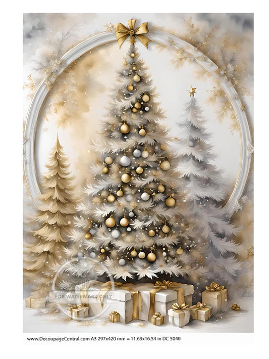 DC5040 A3 Gold & Silver Christmas Tree Decoupage Central Rice Paper Designs