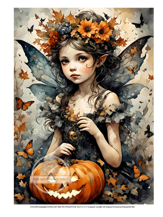 DC481 A4 Pumpkin Fairy Decoupage Central Rice Paper