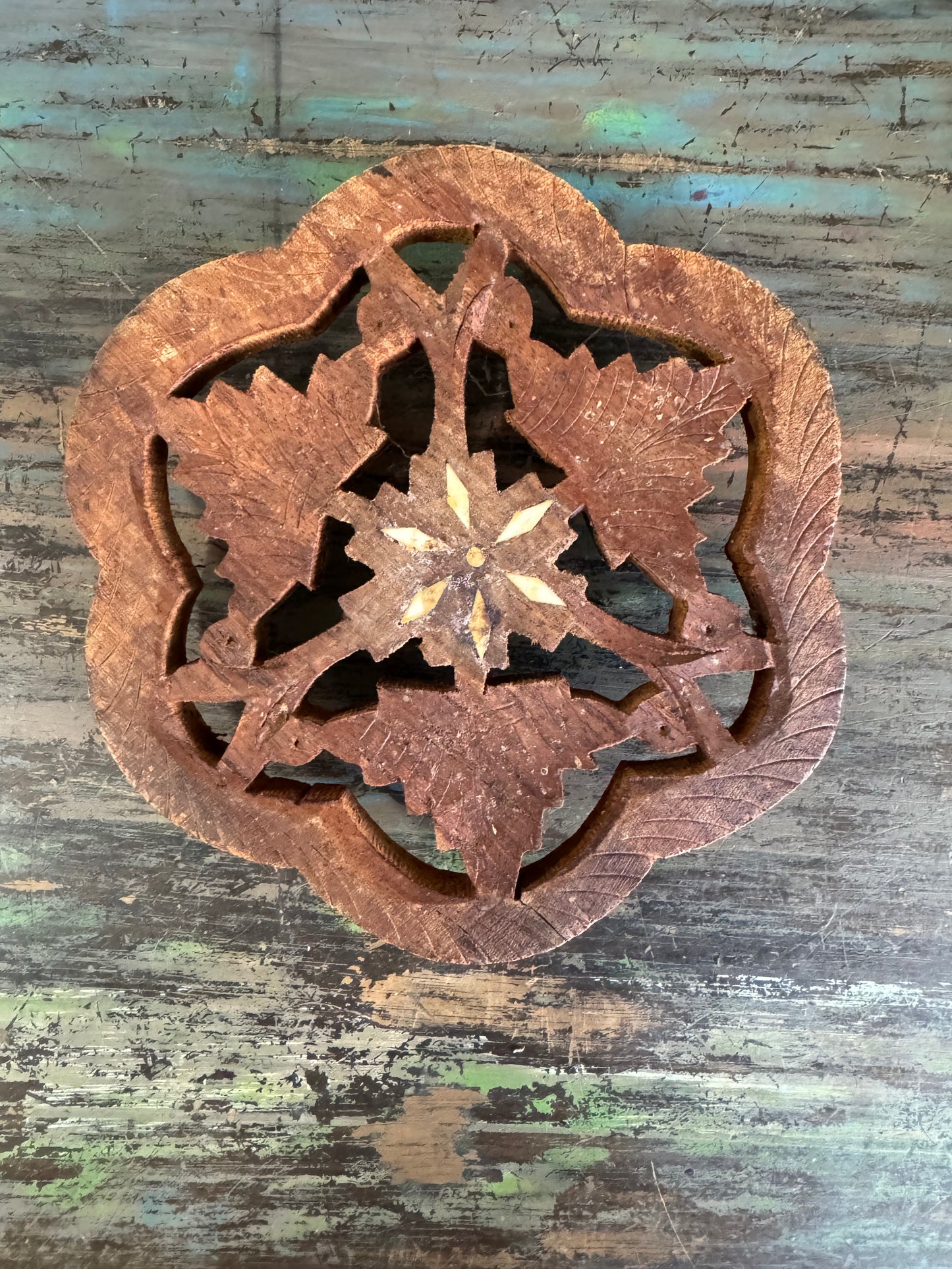 Vintage Hand Carved Wood Trivet - Made in India