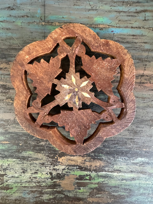 Vintage Hand Carved Wood Trivet - Made in India