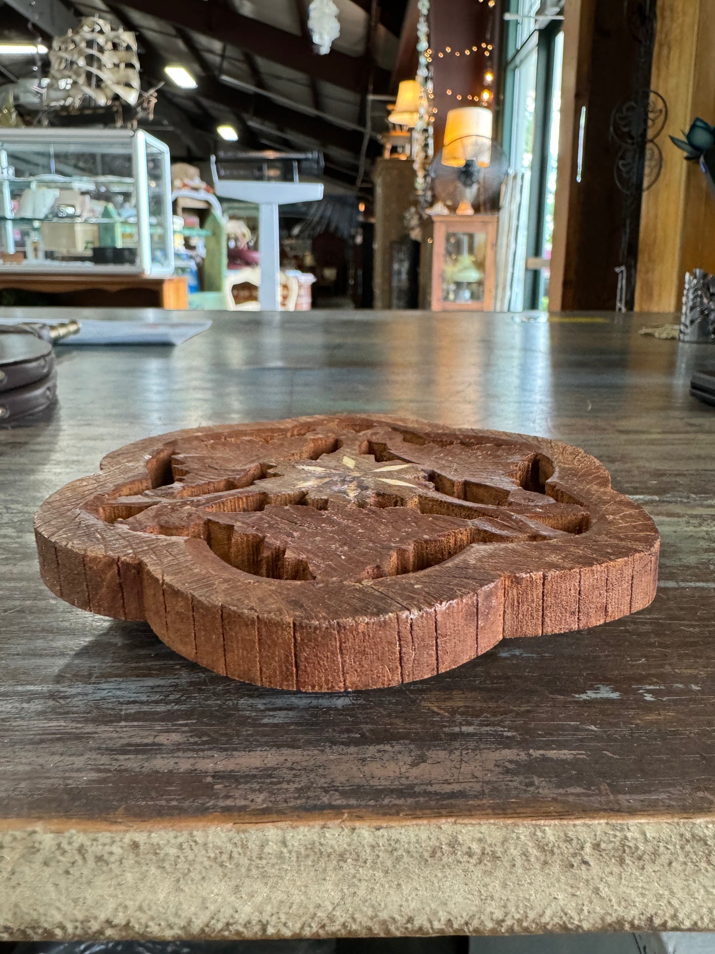 Vintage Hand Carved Wood Trivet - Made in India