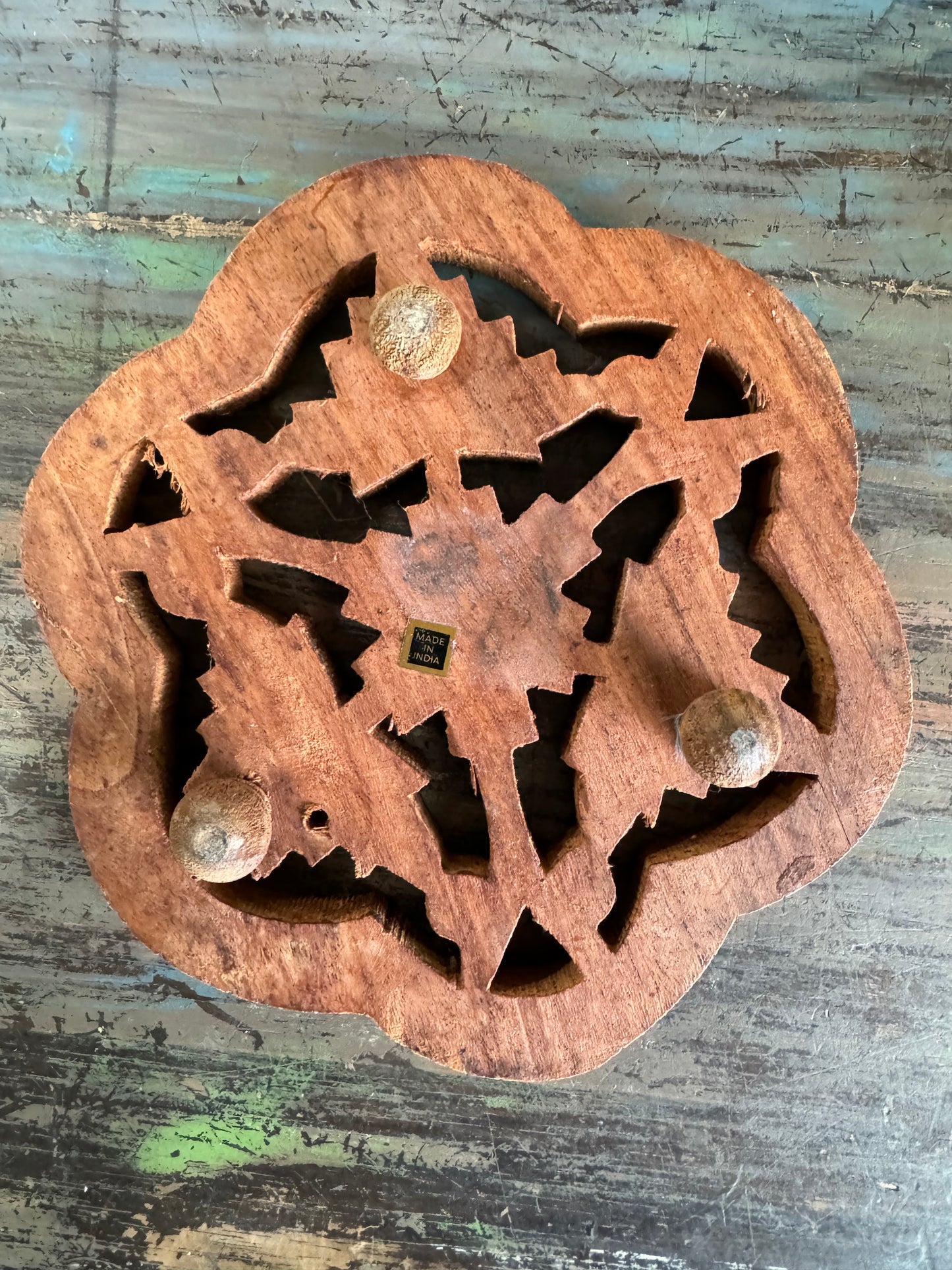 Vintage Hand Carved Wood Trivet - Made in India