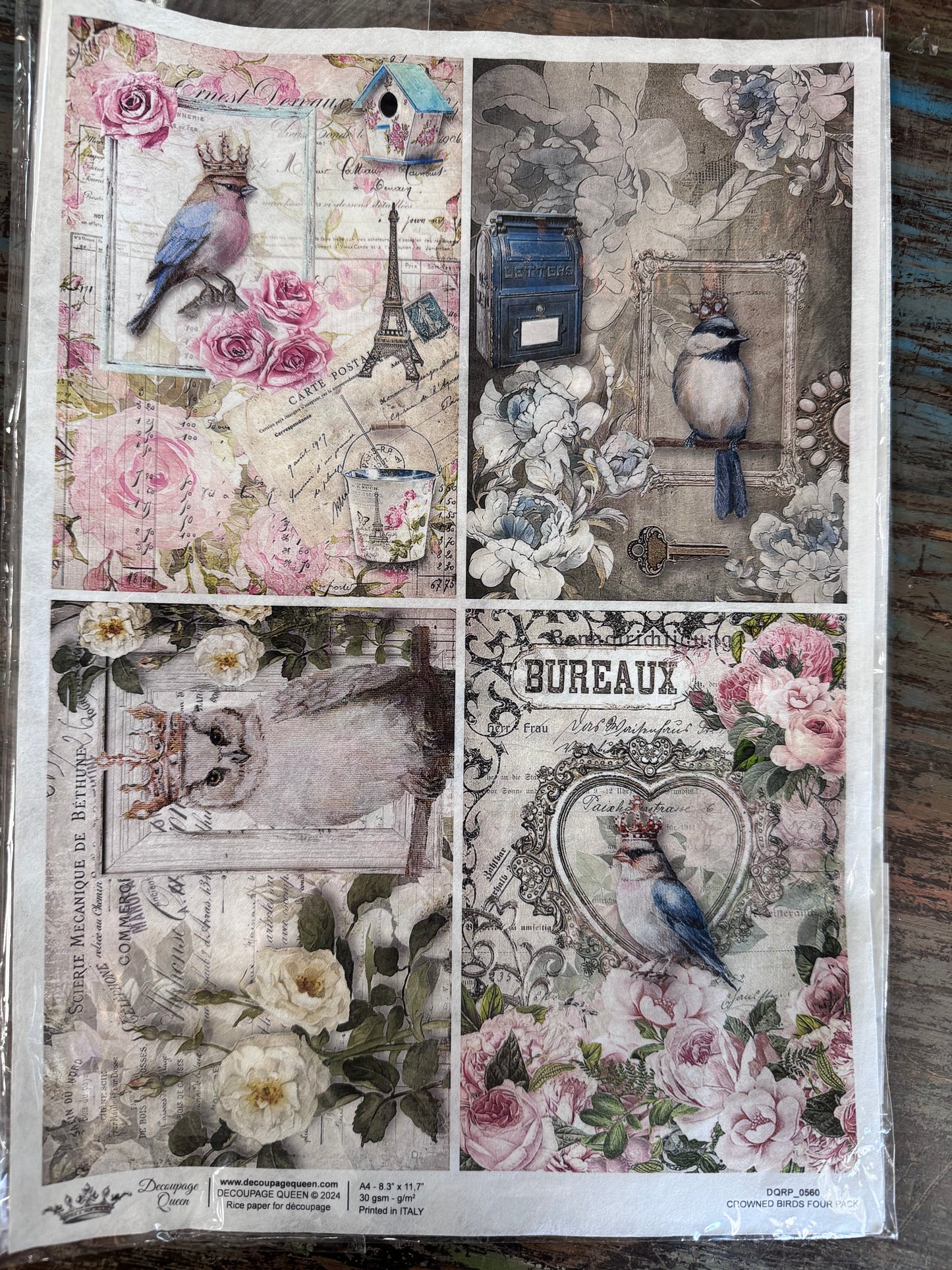 Decoupage Queen Crowned Birds Four Pack Rice Paper A4