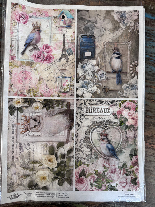Decoupage Queen Crowned Birds Four Pack Rice Paper A4