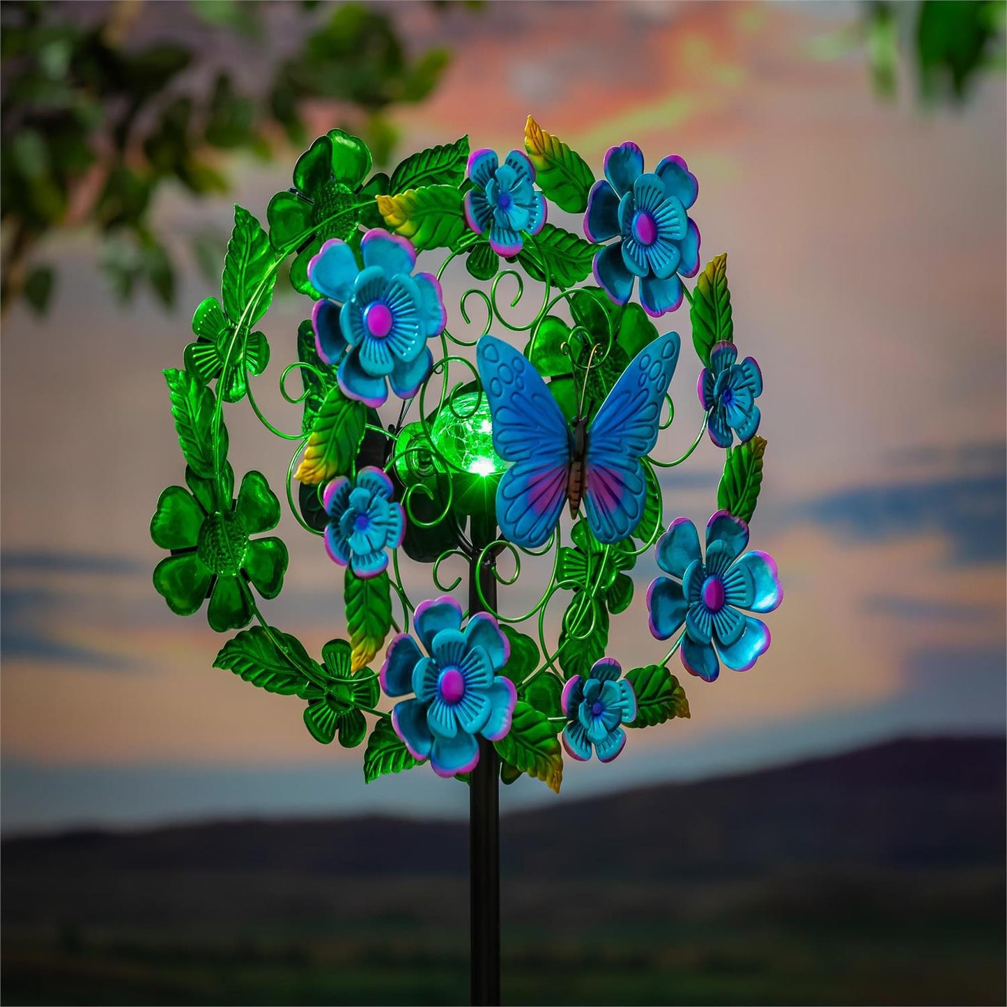 Solar Metal Wind Spinner, Blueflower & Butterfly 74" H