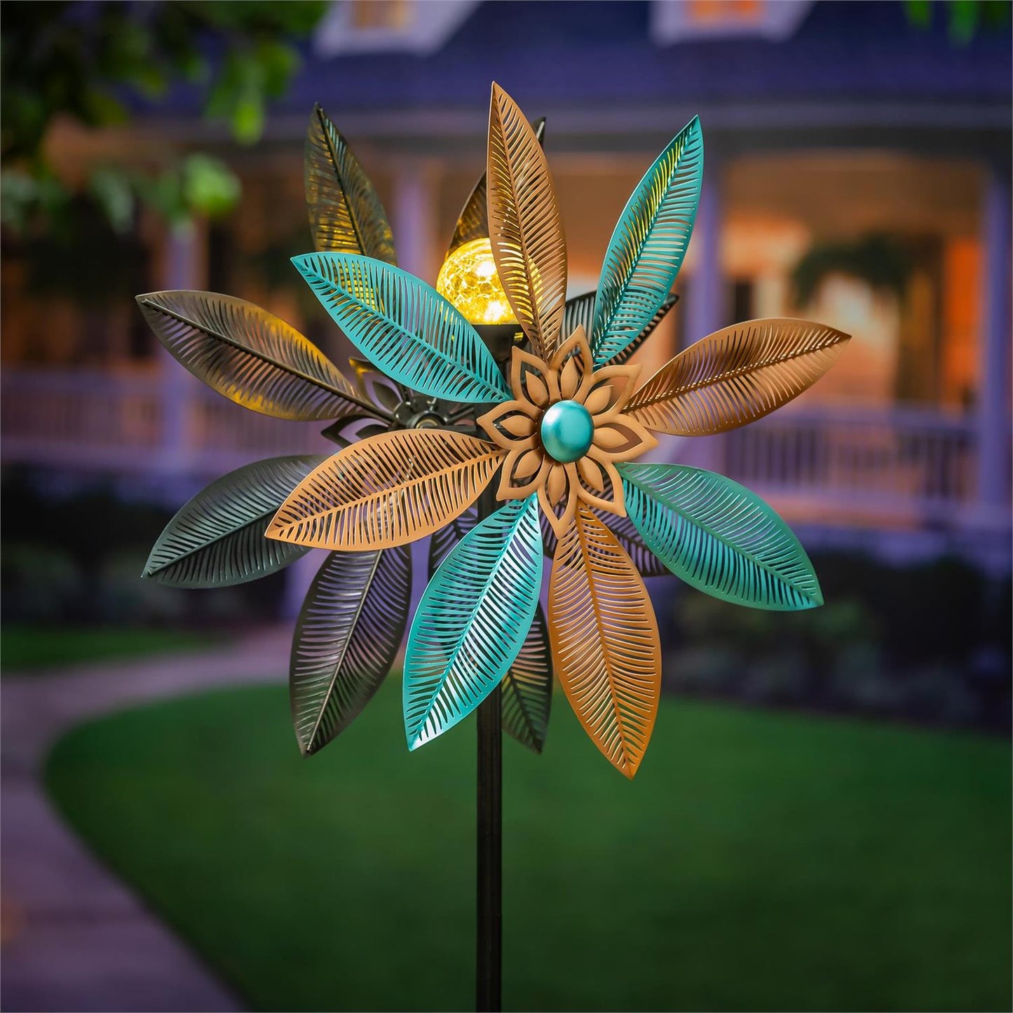 Metal Solar Wind Spinner, Copper and Turquoise Petal Flower 75"