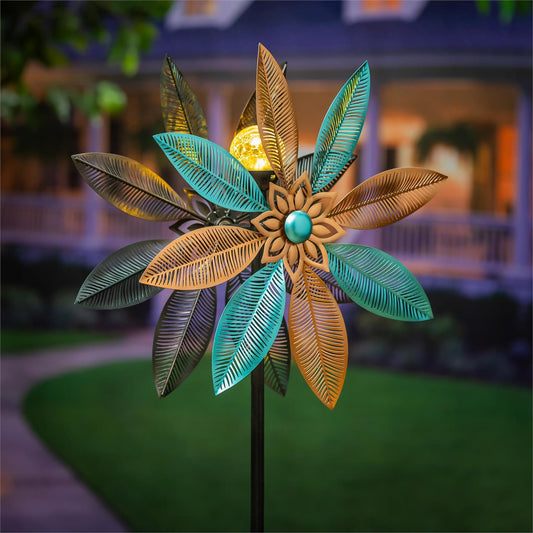 Metal Solar Wind Spinner, Copper and Turquoise Petal Flower 75"